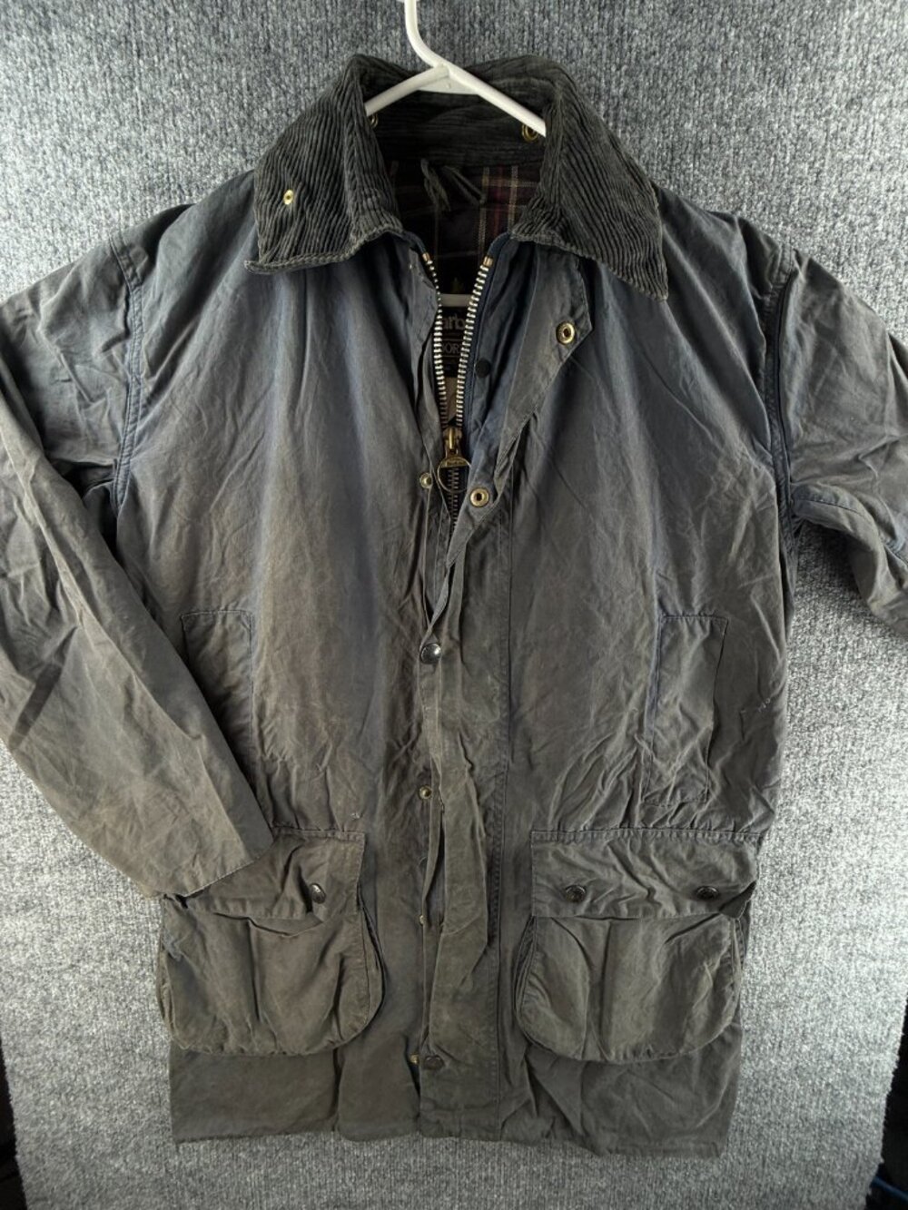 Barbour Border A205 Blue Waxed Jacket Full Zip Hunting Outdoors Corduroy Collar